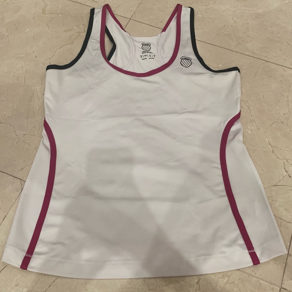 K-Swiss White Racerback Tank Top with Pink and Black Rib Women’s Size Medium